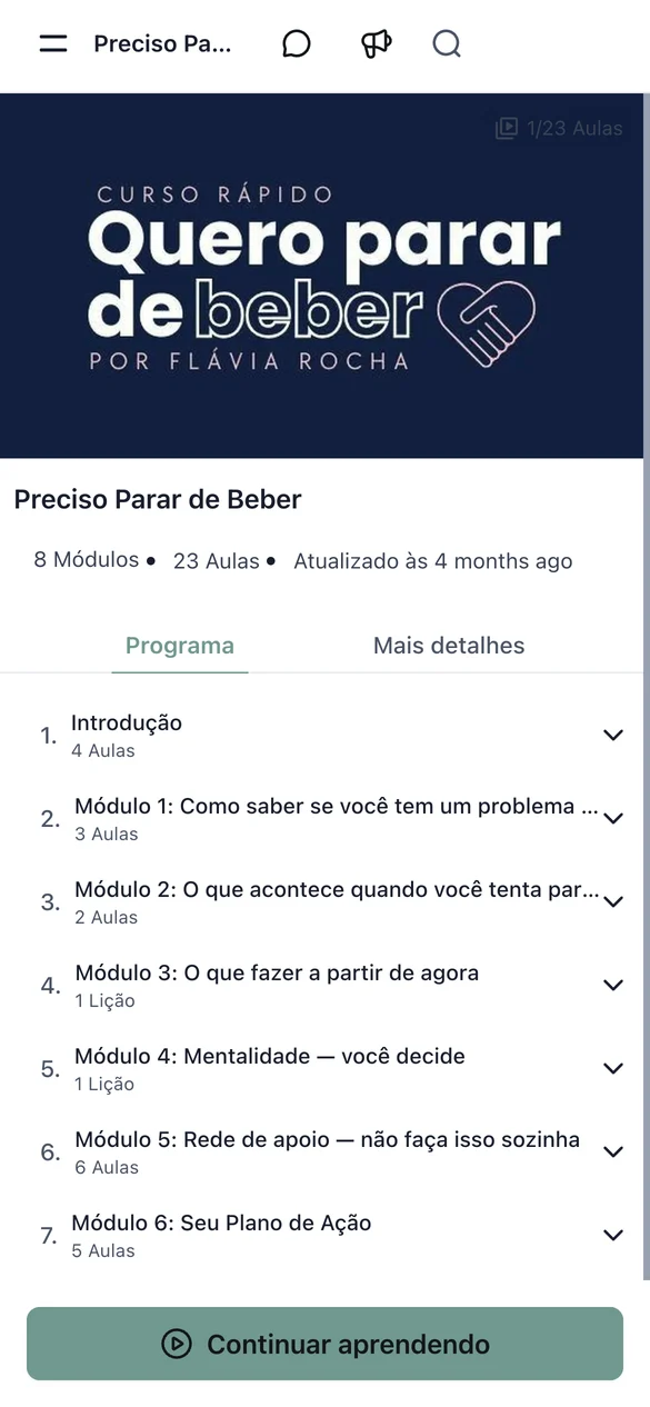 Módulos do curso Preciso Parar de Beber no app