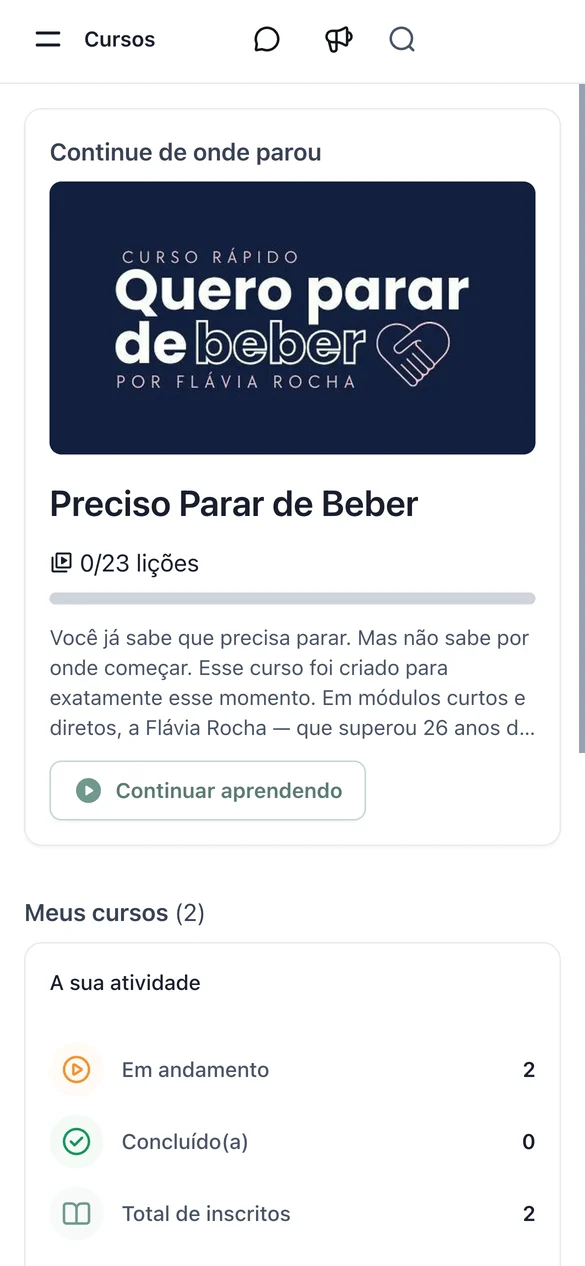 Tela de cursos do app