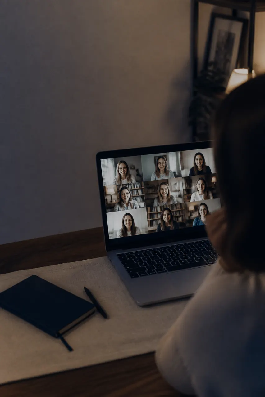 Uma reunião online de mulheres na tela de um notebook, vista por trás