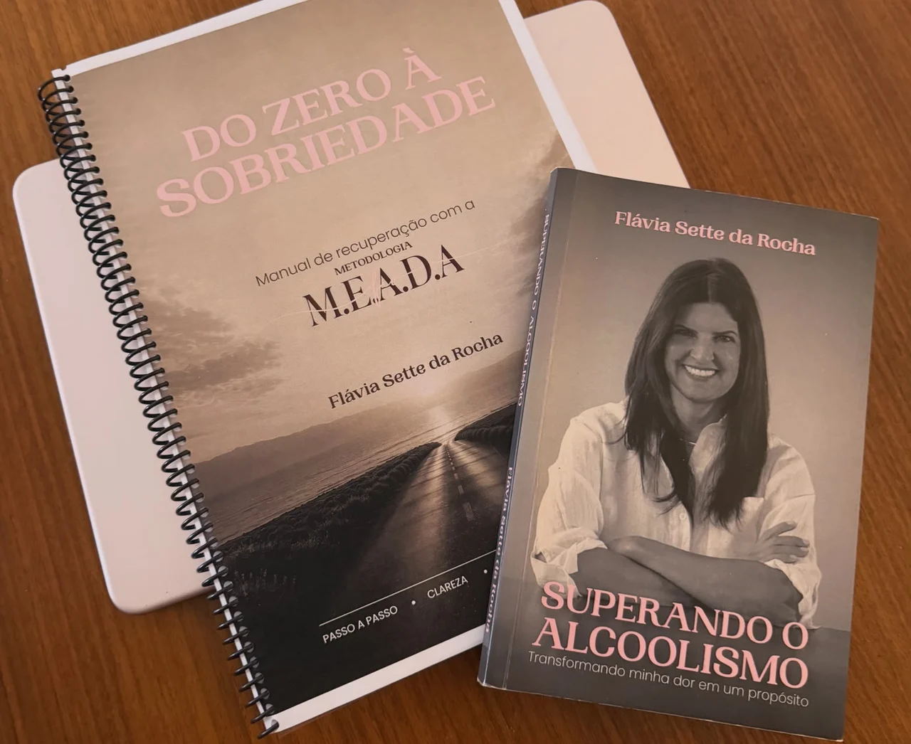 O livro Superando o Alcoolismo ao lado do Manual Do Zero à Sobriedade, sobre uma mesa